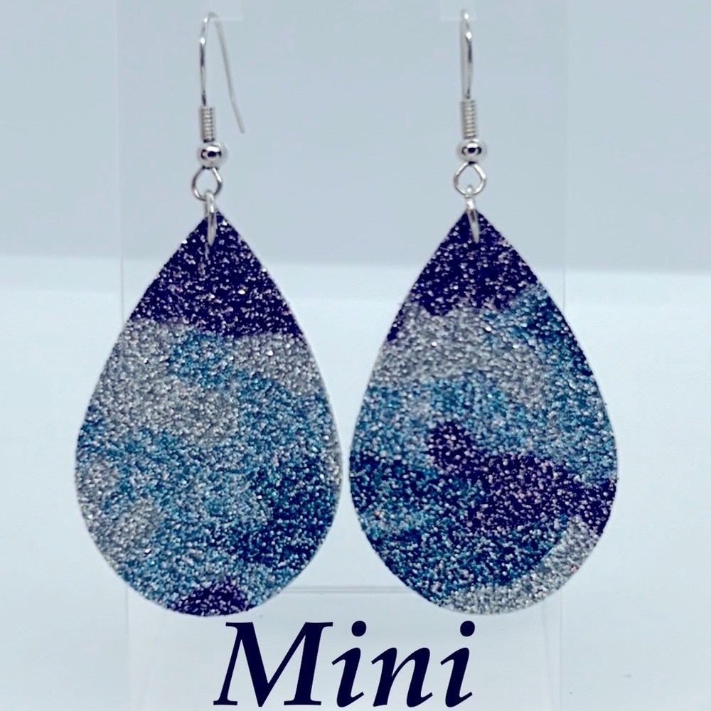 Mini Faux Leather Teardrop Earrings Camo Blue Purple - Picture 4 of 4